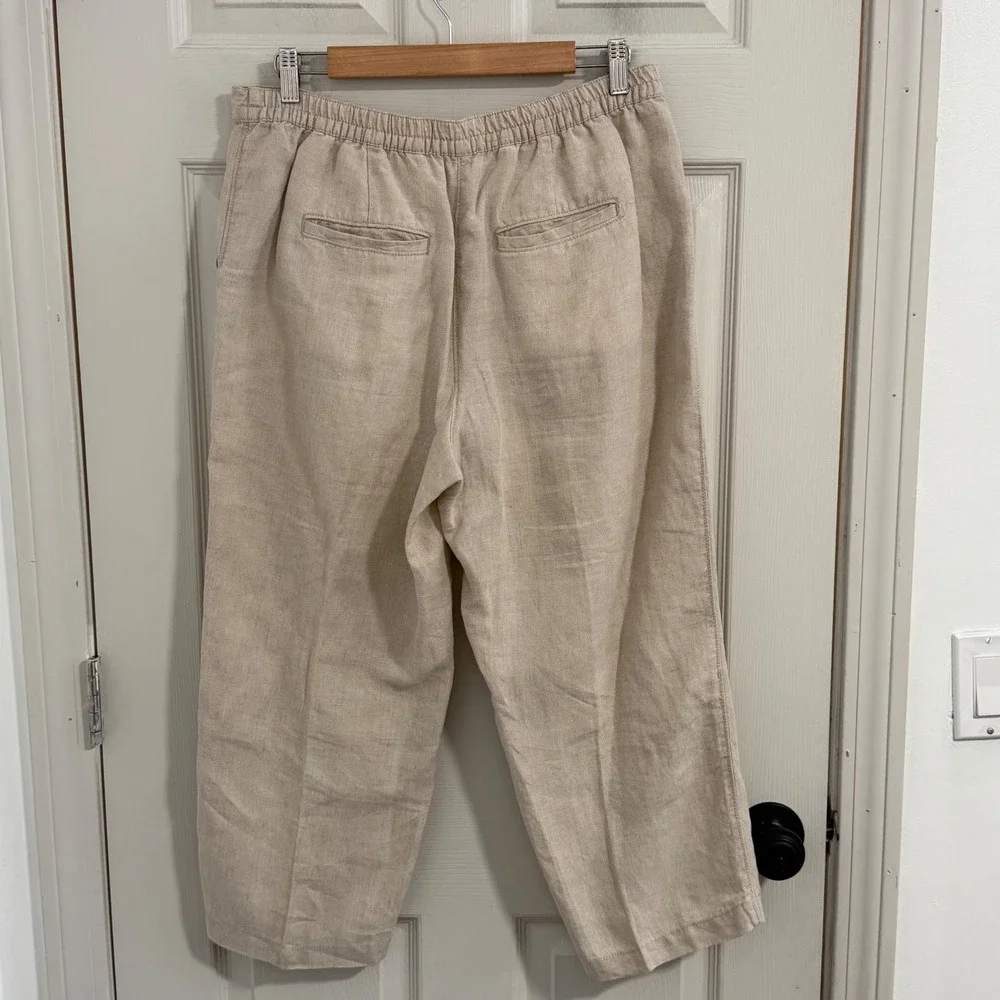 LL Bean‎ 100% Linen Pants Womens 12 Beige Classic Fit Straight Crop Quiet Luxury